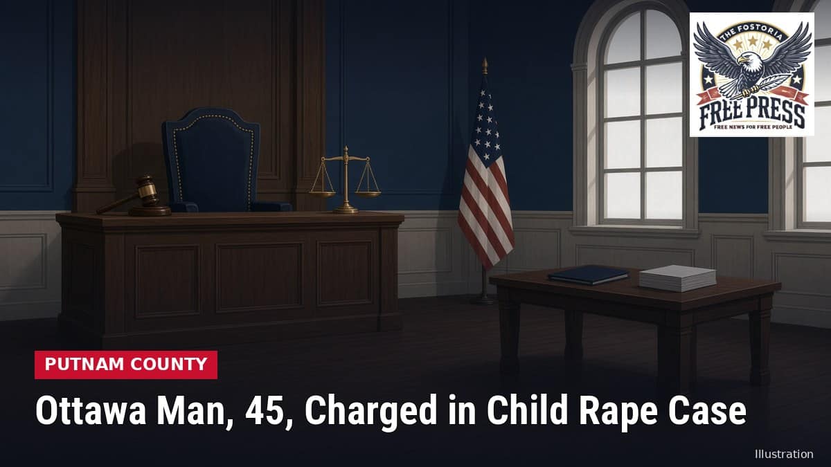 Illustration of an empty courtroom with judge bench and American flag, with headline: Ottawa Man, 45, Charged With Child Rape